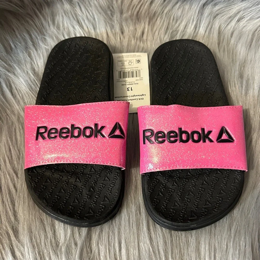 Reebok Slides Girls Size‎ 13 Pink Black Slip On Sandals Shoes Lightweight